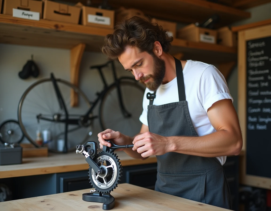 Mécanicien de 3 Cycles assemblant un dérailleur sur un établi dans l'atelier de vélos de Sainte-Savine dans l'Aube