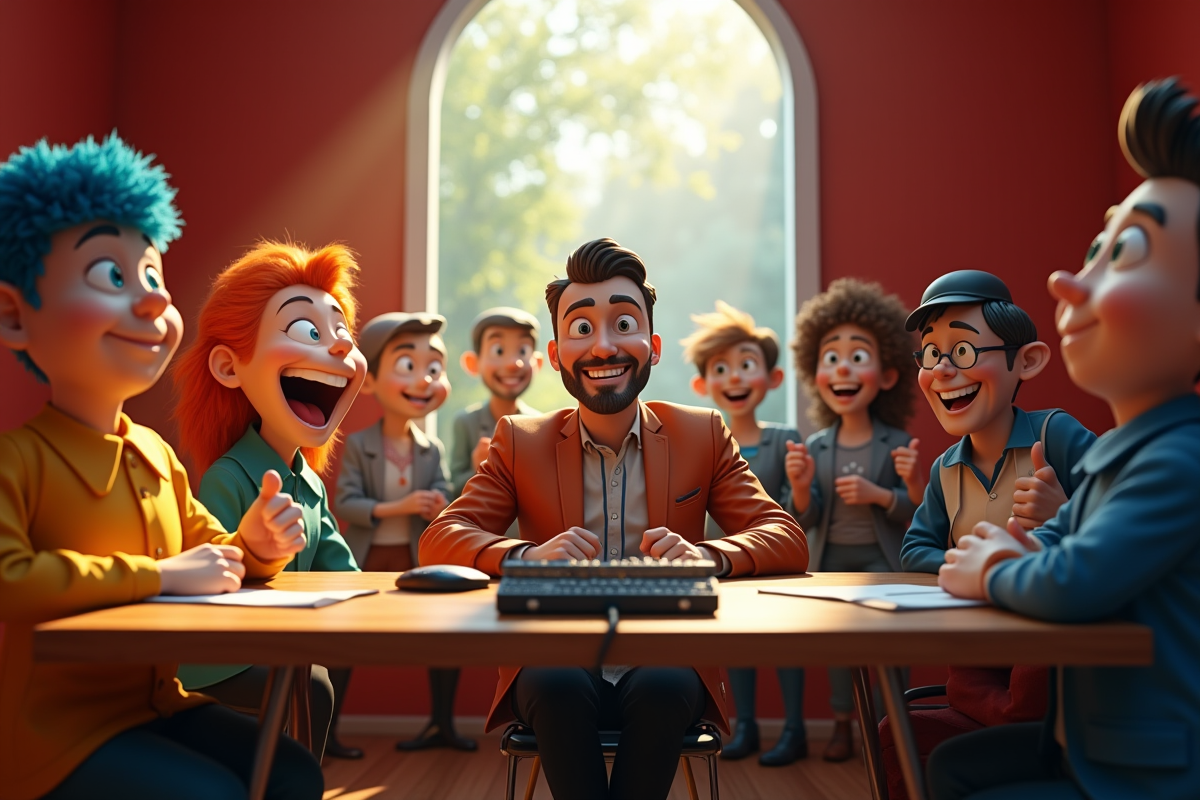 Acteur voix dans cabine avec statues de personnages célèbres