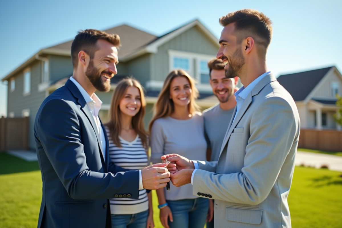 Agent immobilier donnant les clés à une famille heureuse
