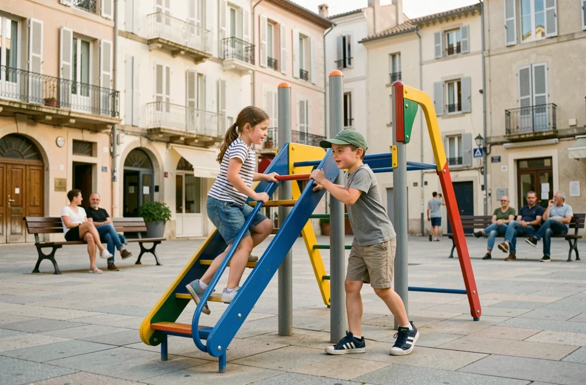 Enfants jouant sur une aire de jeux moderne dans une place publique du centre de Narbonne