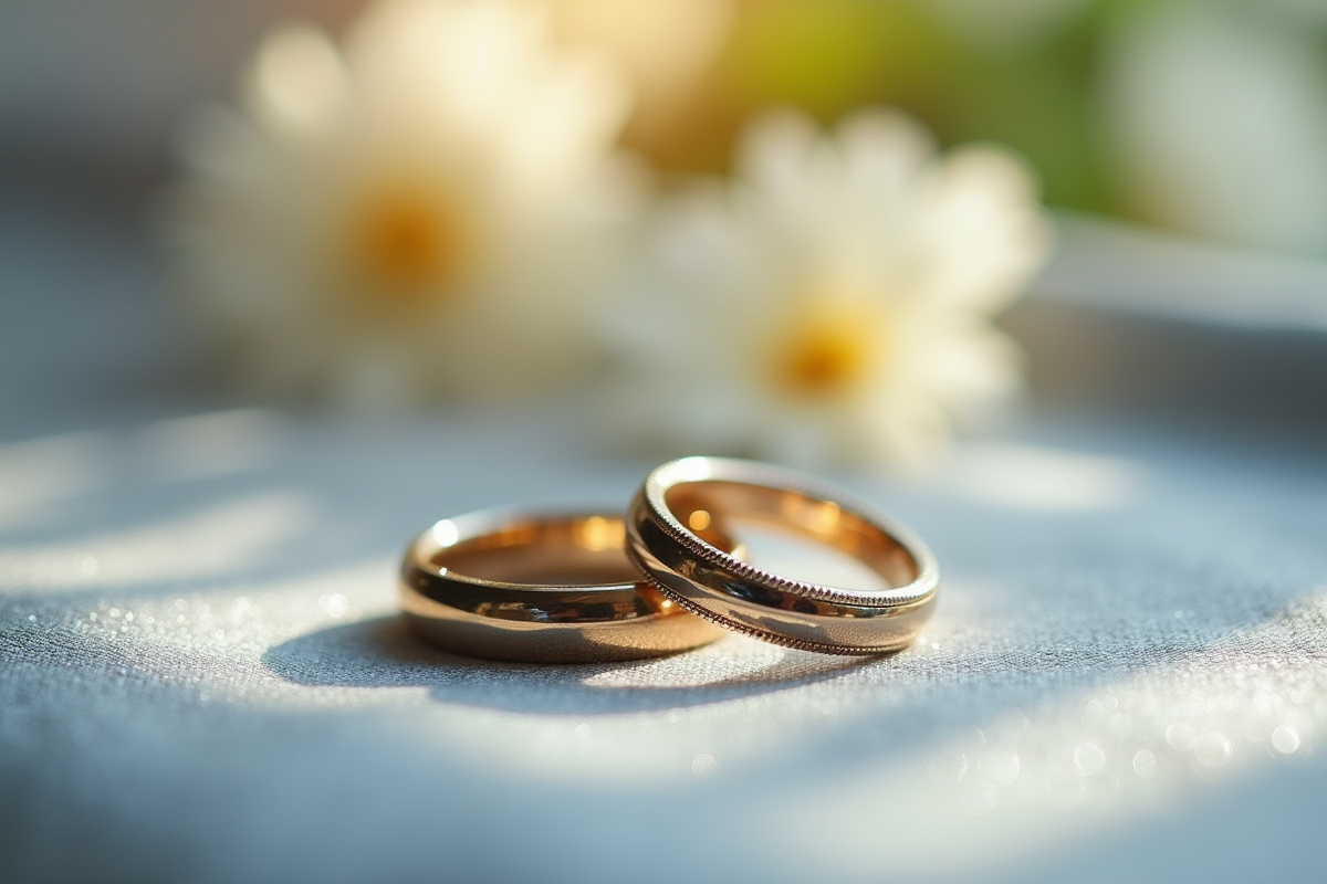 Alliances de mariage sur tissu argenté en gros plan