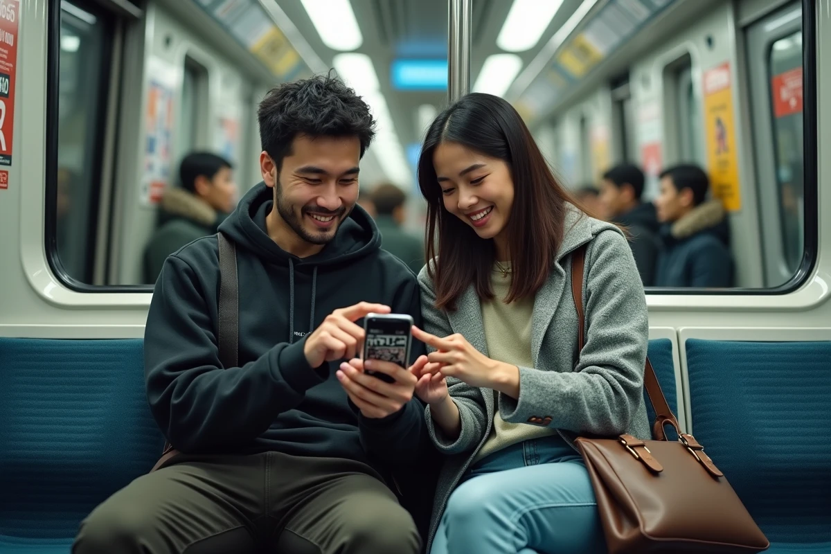 Deux amis découvrant ensemble une application de lecture de mangas dans le métro