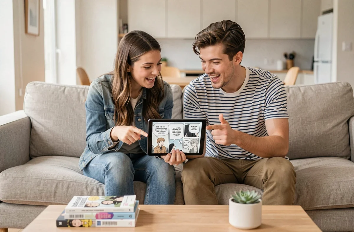 Deux amis partageant la lecture de scans manga yaoi en français sur une tablette dans un salon moderne