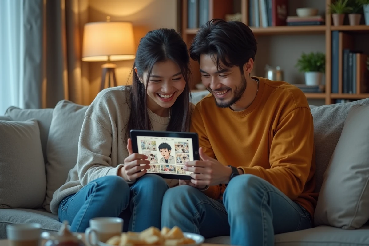 Deux amis adultes lisant ensemble le scan de One Punch Man sur une tablette dans un salon moderne