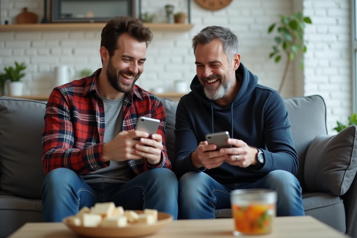 Deux amis organisant une partie de Scrabble en ligne sur leurs smartphones dans un salon moderne