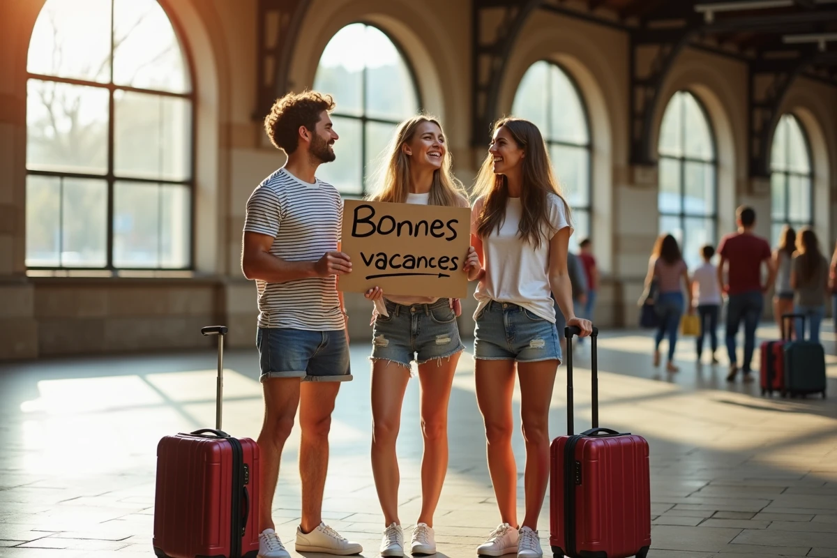 Groupe d'amis tenant un panneau 'Bonnes Vacances' dans une gare française avant un départ en voyage