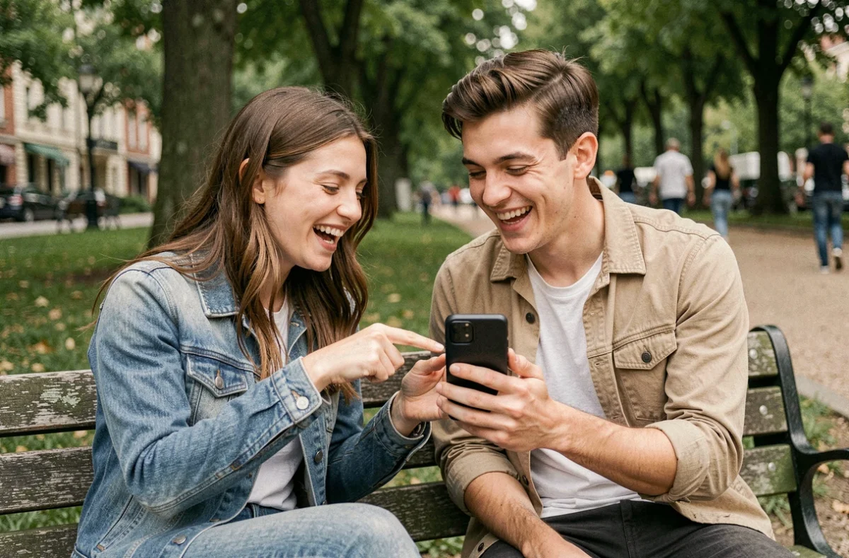 Deux amis écoutant Skyrock sur smartphone dans un parc et participant ensemble à un jeu antenne radio