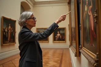Curatrice de musée analysant une peinture allégorique américaine du XIXe siècle dans une galerie d'art