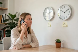 Femme en télétravail consultant deux horloges murales affichant l'heure de Paris et de La Réunion tout en téléphonant