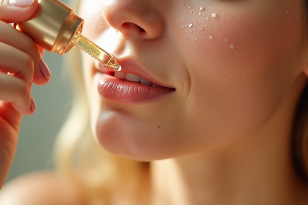 Femme appliquant un serum vitamine C sur la joue