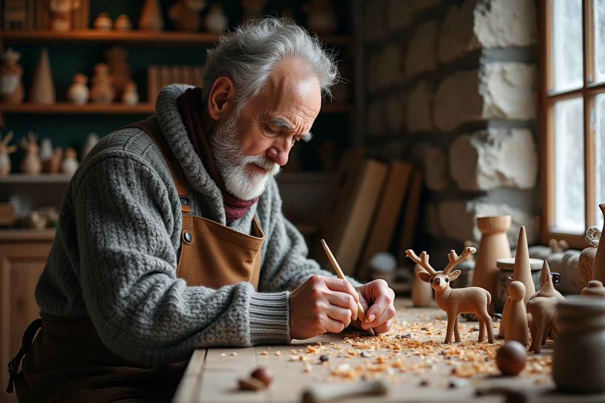 Artisan scandinave sculptant une figurine de renne en bois dans un atelier folk nordique traditionnel