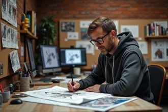 Artiste de bande dessinée travaillant sur des concept arts de Spider-Man dans un studio créatif rempli de comics Marvel