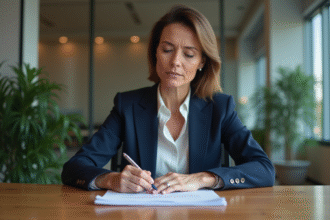 Femme d'affaires en costume bleu examine un contrat de location