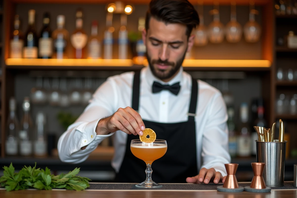 Barman expert garnissant un cocktail artisanal dans un bar à cocktails haut de gamme de Lille, décor soigné et ambiance authentique