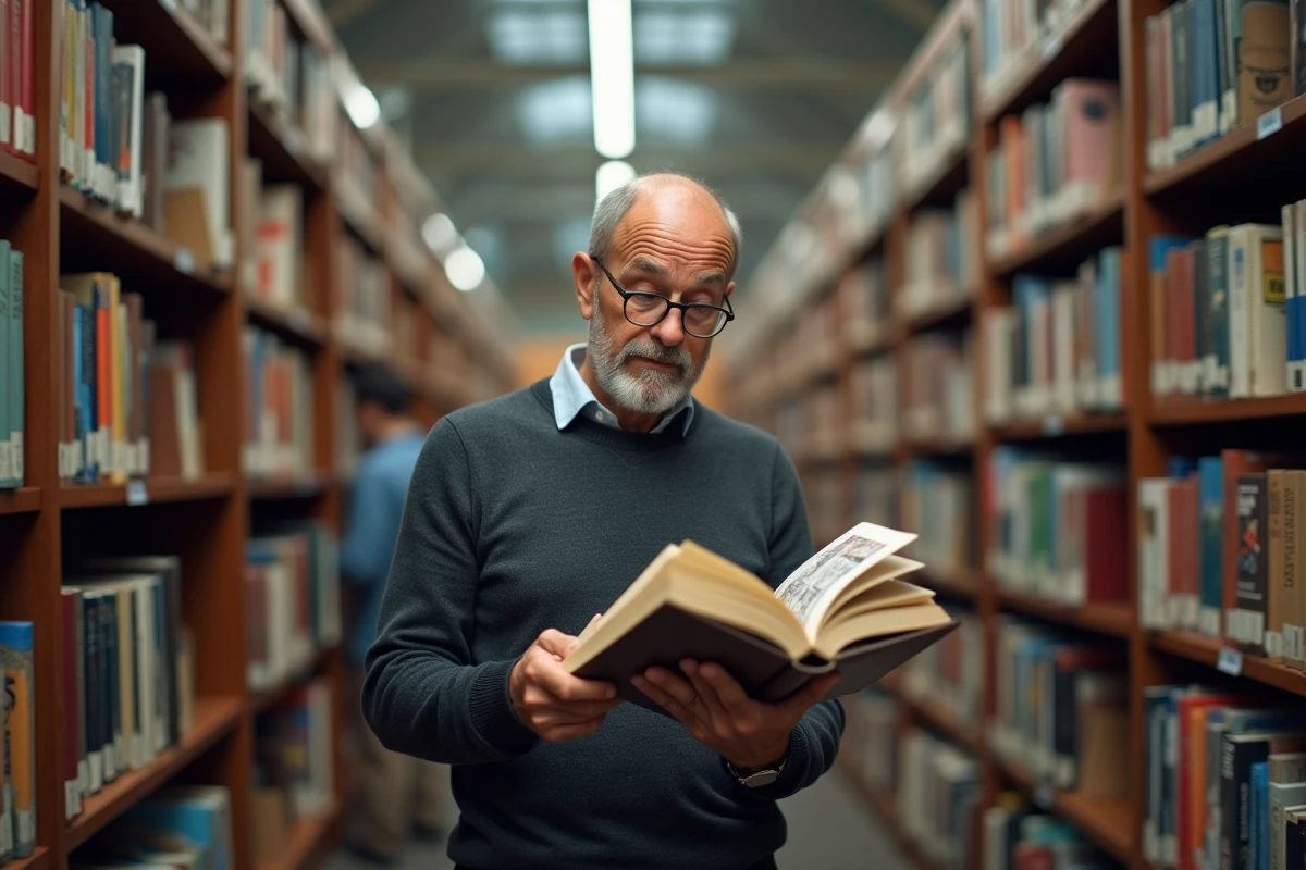 Homme dans une bibliothèque lisant un livre de bandes dessinées en réfléchissant aux questions de droits d'auteur
