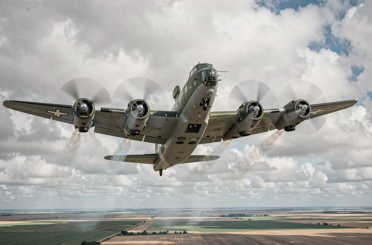 Boeing B-17F en vol basse altitude vu depuis le sol, quatre moteurs en marche avec traces d'échappement, livrée militaire authentique