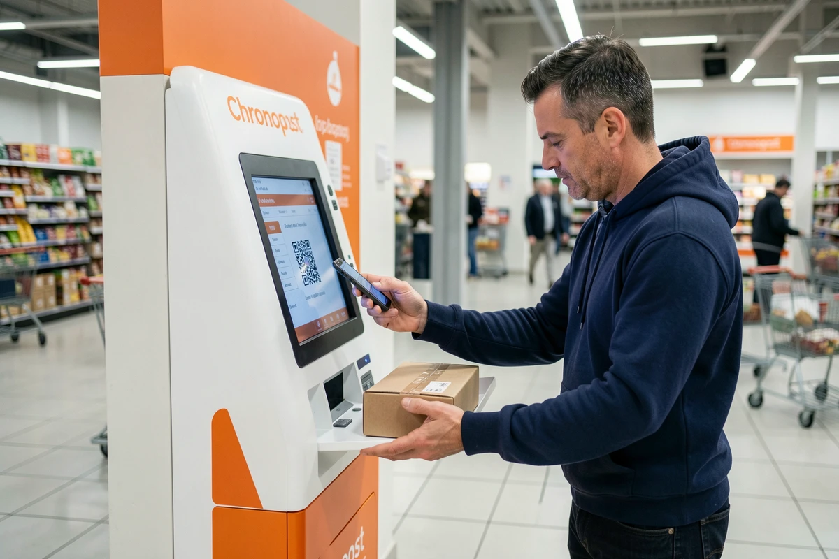 Homme utilisant une borne Chronopost en libre-service dans un supermarché pour déposer un colis sans attendre