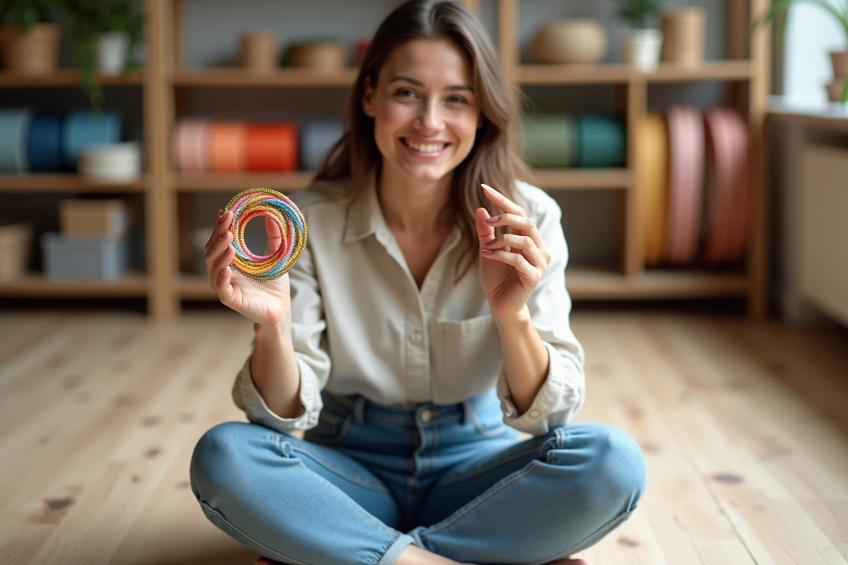 Jeune femme tenant un bracelet scoubidou fleur réalisé avec des couleurs tendance 2026 dans un atelier de loisirs créatifs