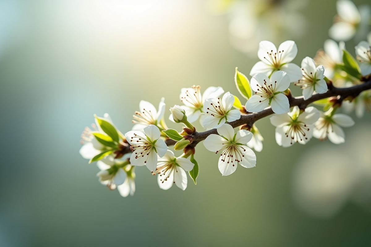 Gros plan sur une branche en fleurs blanches avec flou d