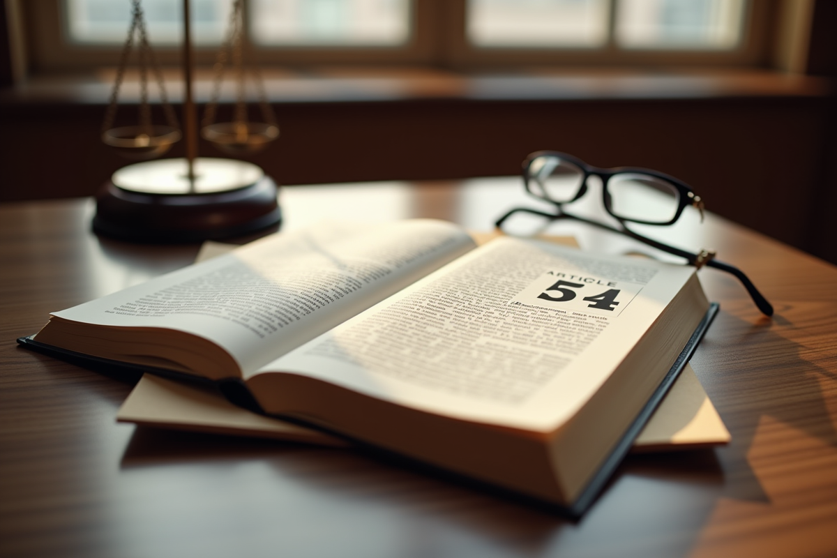 Bureau d avocat avec livre ouvert sur l article 544 et lunettes
