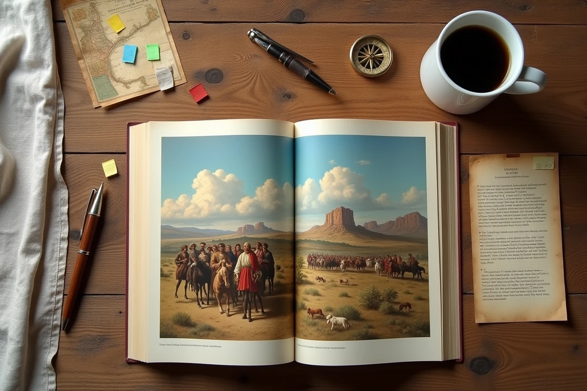 Vue de dessus d'un bureau d'étudiant avec un manuel d'histoire de l'art ouvert sur la peinture American Progress et des notes d'analyse