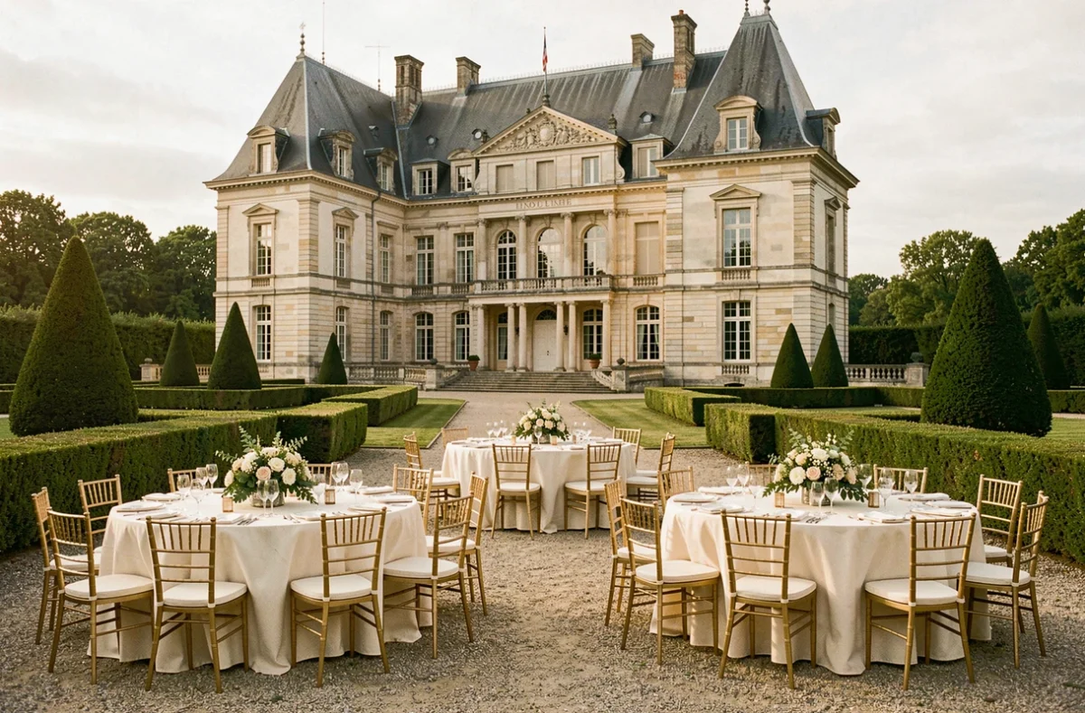 Château d'Avelin près de Lille, domaine de mariage avec terrasse décorée et jardins à la française