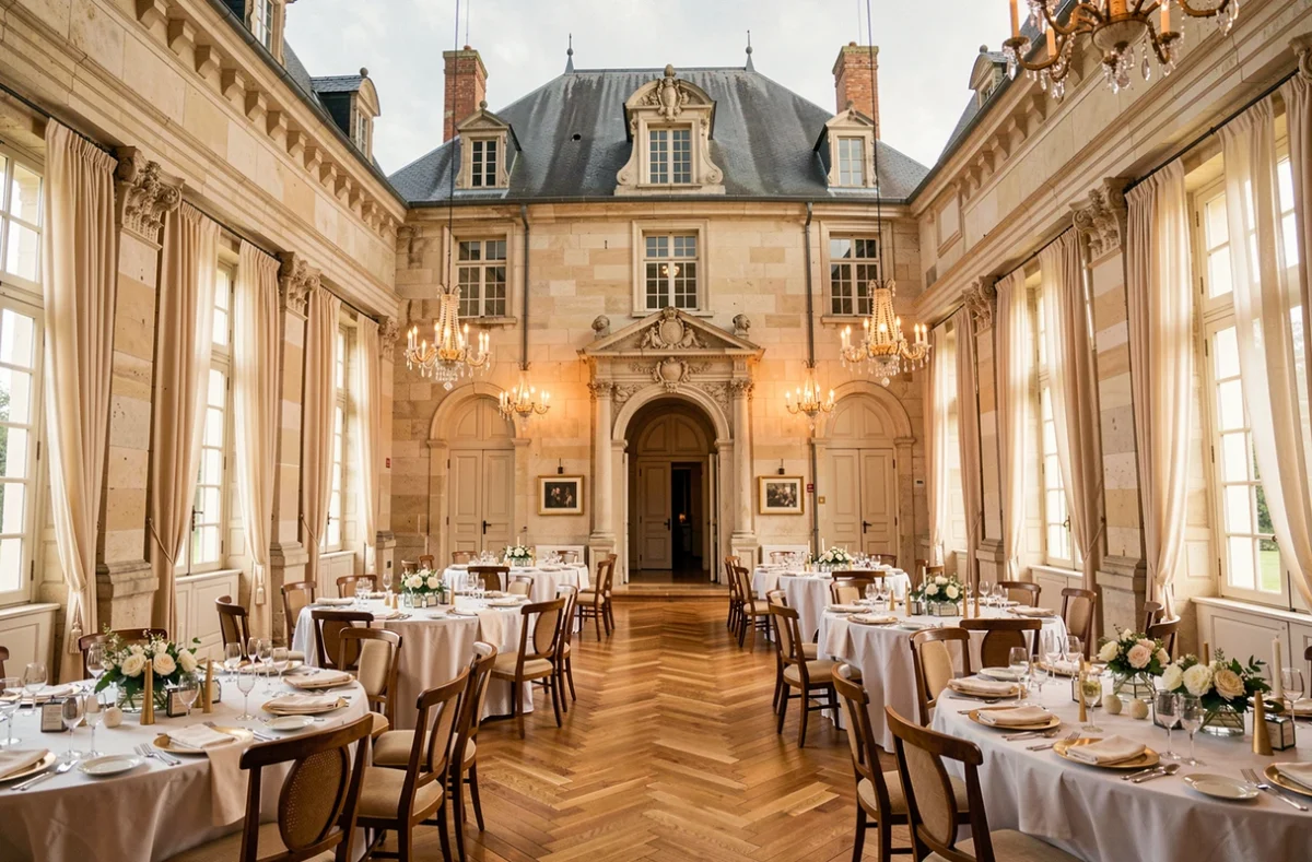 Château de Fillerval dans l'Oise, salle événementielle de prestige avec décoration classique et parquet ancien