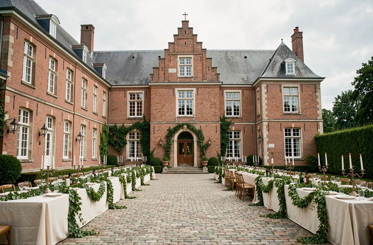 Châtellerie de Schoebeque en Flandre, manoir à colombages avec cour pavée décorée pour une réception