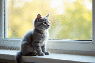 Chaton gris curieux sur une fenêtre lumineuse
