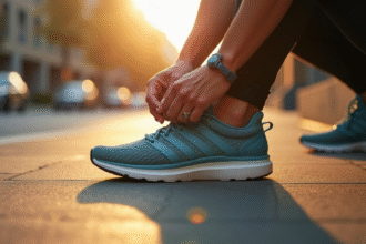 Personne nouant ses chaussures de course au matin