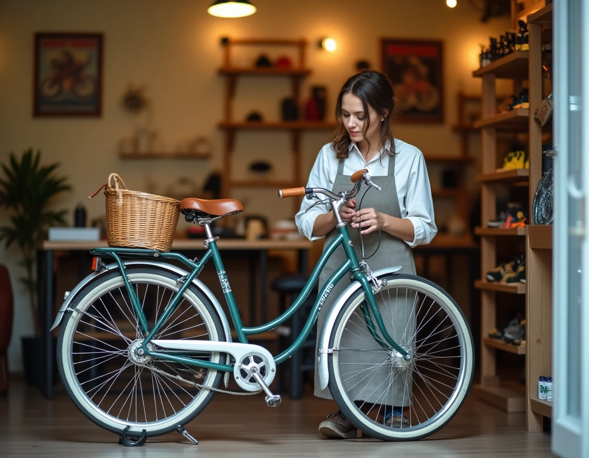 Propriétaire de Chez Biclou inspectant un vélo hollandais classique dans sa boutique spécialisée à Strasbourg
