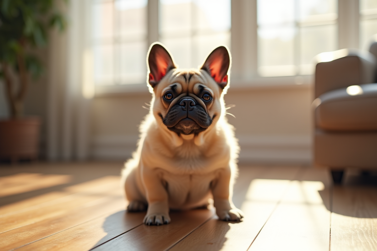 Bulldog francais assis sur un sol en bois lumineux