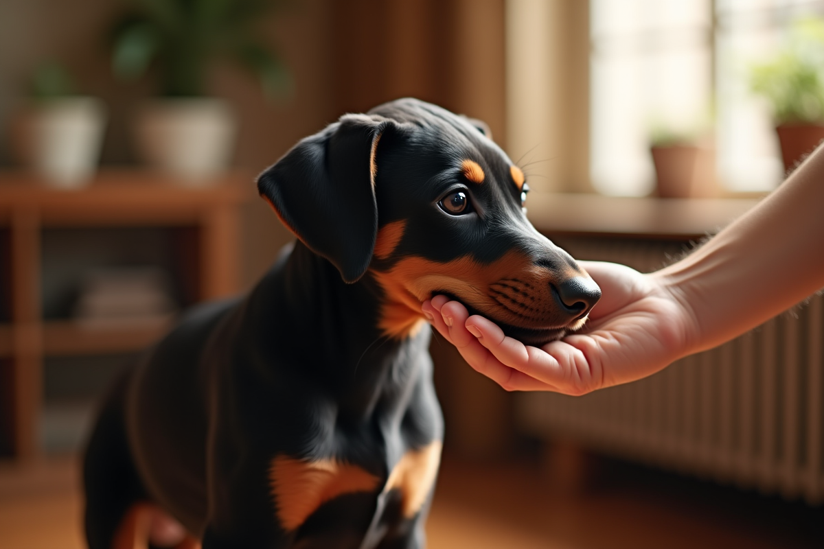 Chiot Doberman interagissant calmement avec une main humaine en intérieur