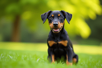 Chiot Doberman assis sur une pelouse verte en plein air