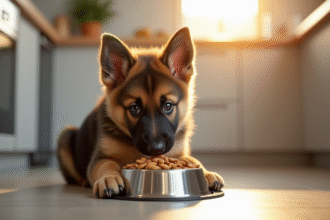 Chiot berger allemand mange dans une cuisine lumineuse