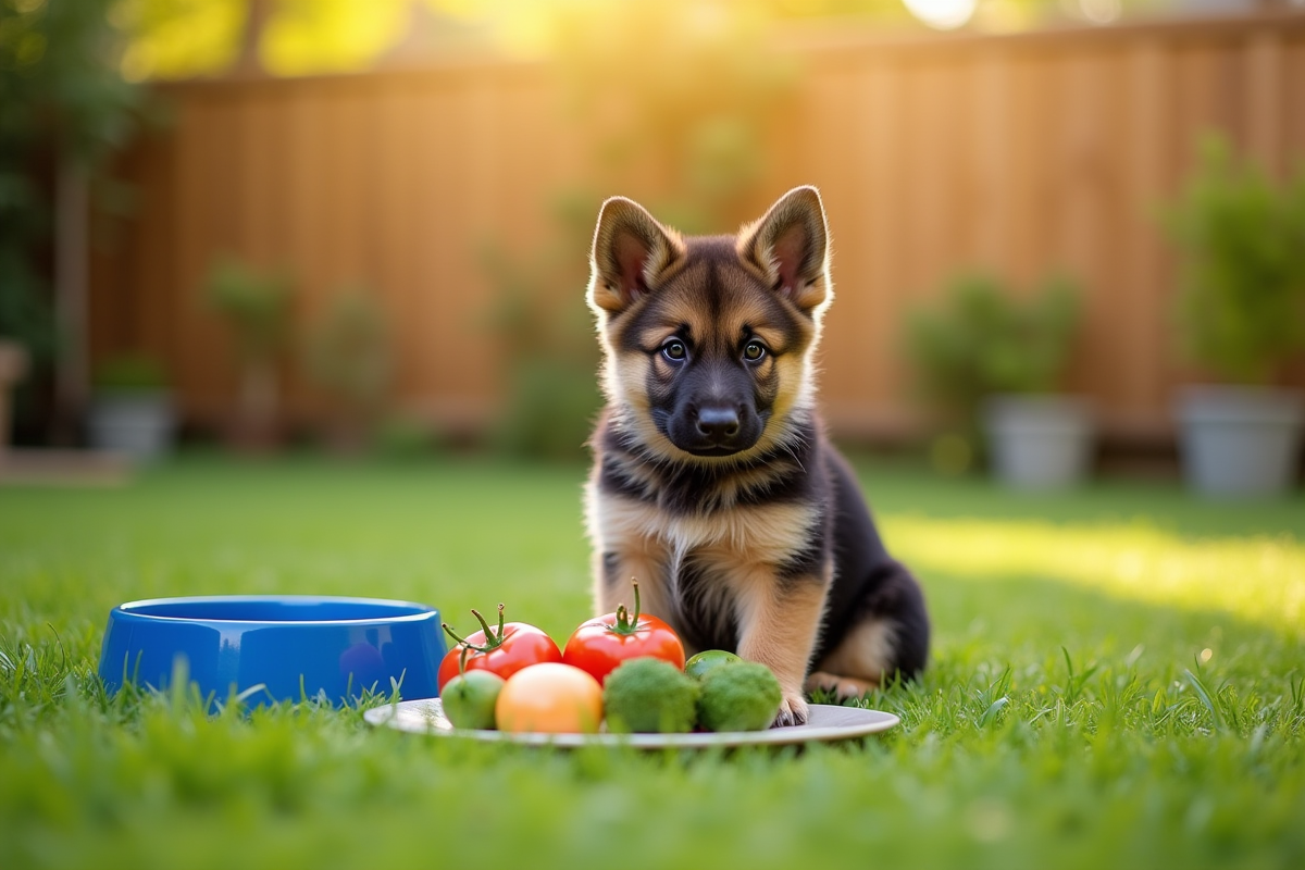 Chiot berger allemand dans le jardin avec eau et légumes