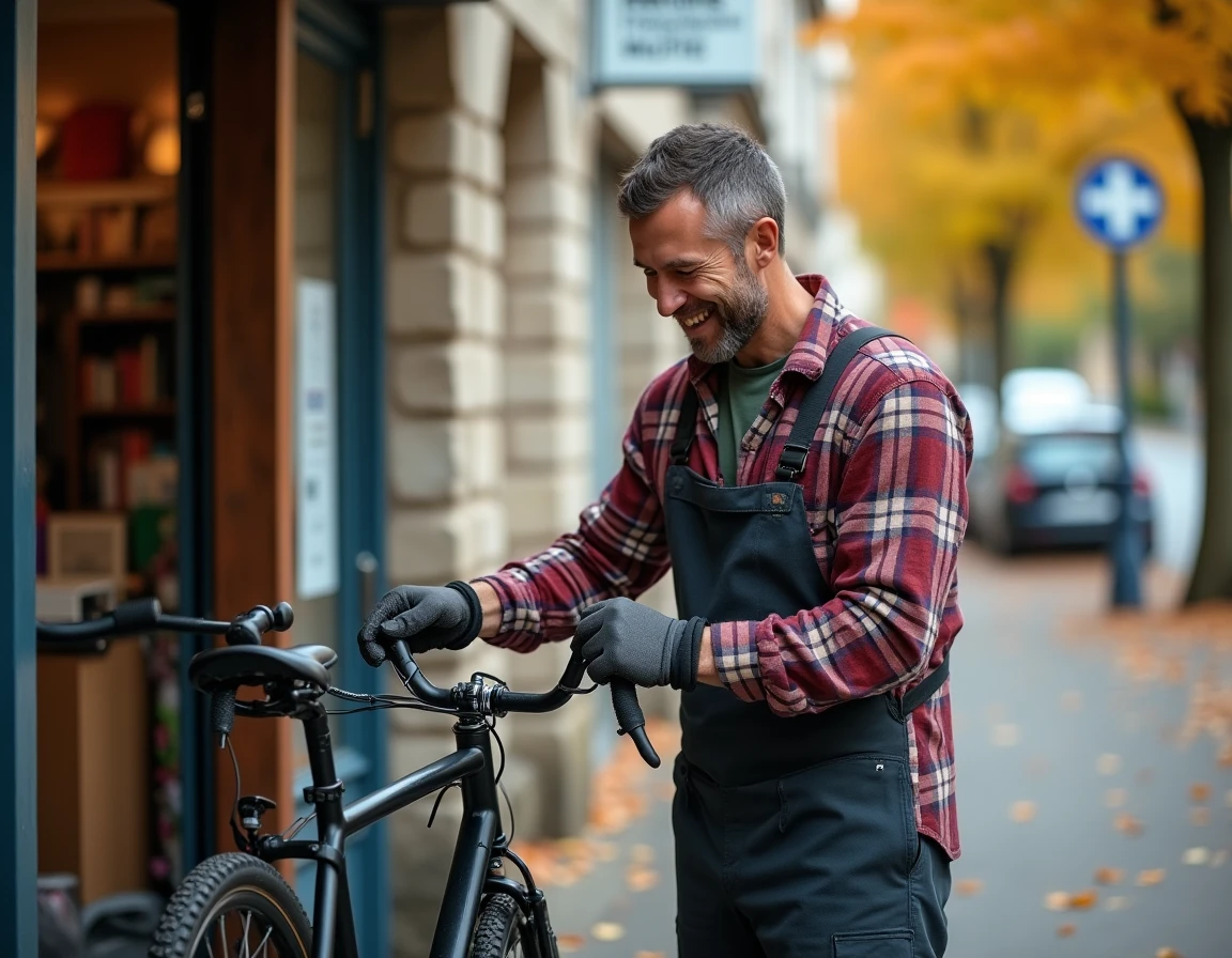 Propriétaire de City Bikes remplaçant une chambre à air sur un vélo dans une rue de l'Aube avec son atelier en arrière-plan