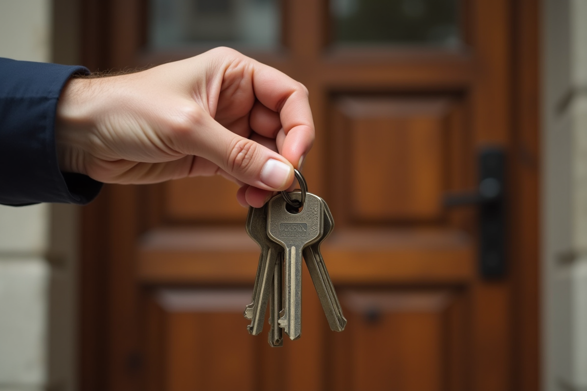 Main tenant des clés anciennes devant une porte de maison