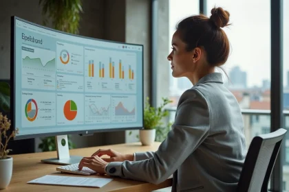 Femme cadre analysant un tableau de bord de transition énergétique sur écran dans un bureau moderne avec panneaux solaires visibles