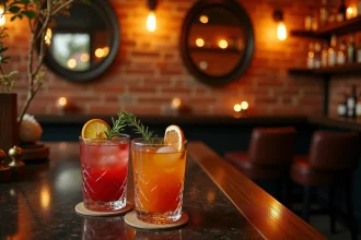 Bar à cocktails cosy à Lille avec comptoir en marbre sombre, verres colorés et décor en brique apparente pour un date romantique