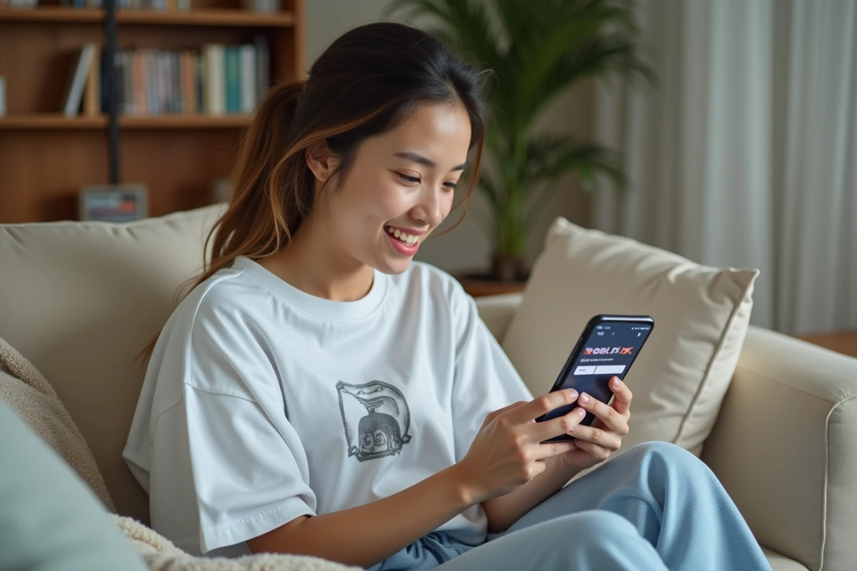 Jeune femme entrant un code promo sur son smartphone pour Anime Adventures sur Roblox