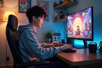 Adolescent tapant des codes secrets sur son clavier pour le jeu Anime Adventures sur PC