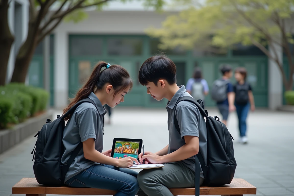 Deux adolescents consultant ensemble les codes valides d'Anime Adventures sur une tablette en extérieur