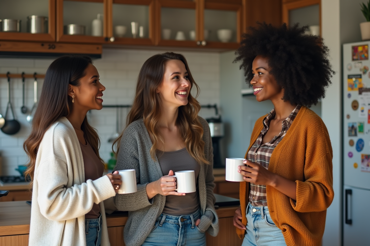 Trois colocataires discutant dans une cuisine conviviale