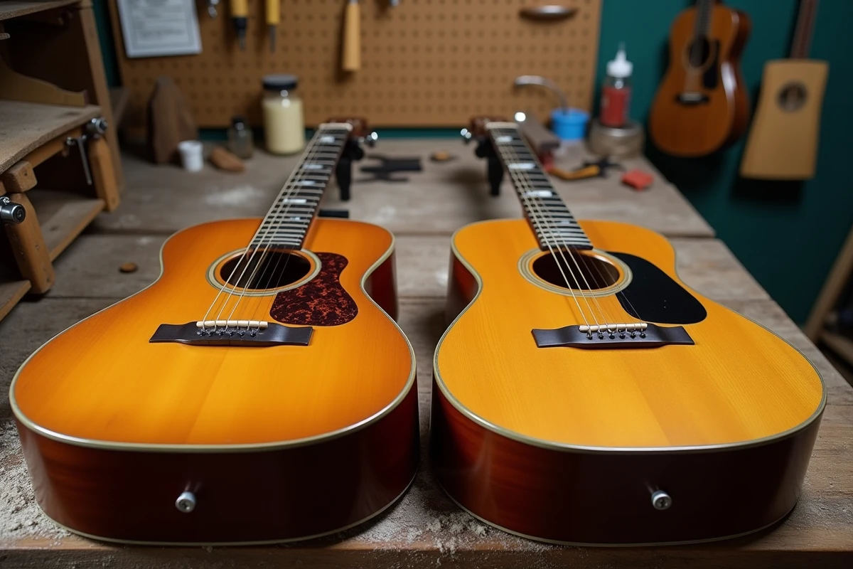 Comparaison d'une guitare Atlantic neuve et d'une occasion posées sur un établi de luthier, détails d'usure visibles