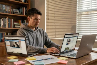 Homme comparant deux sites web similaires sur des ordinateurs portables dans un bureau à domicile encombré, symbolisant la comparaison de plateformes de téléchargement en 2026