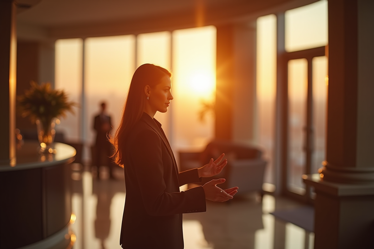 Concierge élégant accueillant des invités dans un lobby luxueux