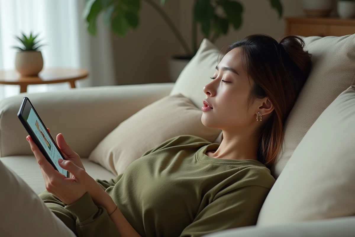 Femme lisant un scan manga sur une tablette confortablement installée dans un salon minimaliste moderne
