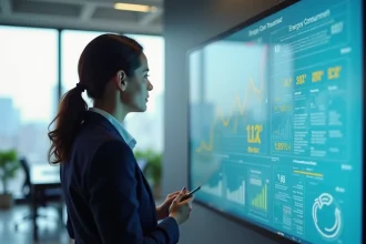 Consultante en énergie analysant des indicateurs de co-valence énergétique sur un tableau de bord numérique dans un bureau moderne