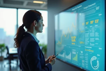 Consultante en énergie analysant des indicateurs de co-valence énergétique sur un tableau de bord numérique dans un bureau moderne